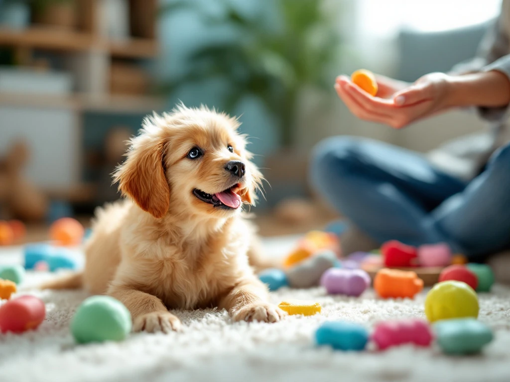 Een nieuwsgierige golden retriever pup speelt op een zacht tapijt met kleurrijke speelgoed, terwijl een eigenaar een traktatie aanbiedt.