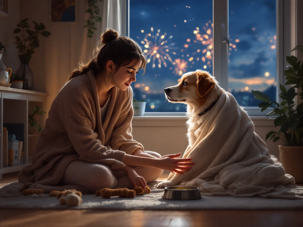 Een hondenbezitter troost zijn hond binnen terwijl vuurwerk buiten te zien is. Een warme, geruststellende sfeer heerst in de kamer.