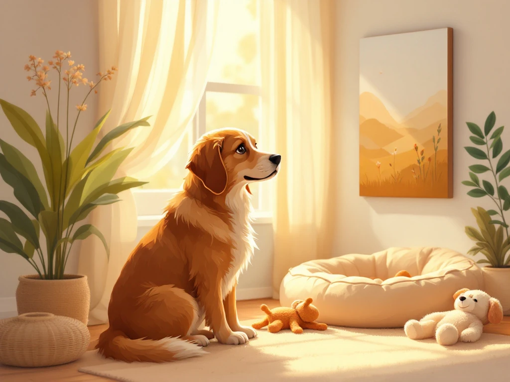 Illustratie van een hond in een warme woonkamer, liggend naast een raam met zonlicht en kijkend naar een natuurkunstwerk aan de muur.
