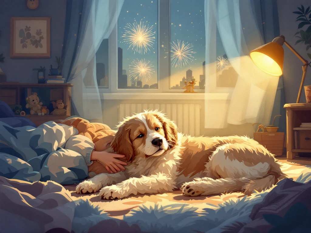 Illustratie van een hond op een kleurrijk kleed in een warme kamer, met een hand die geruststellend reikt en vuurwerk silhouetten buiten.