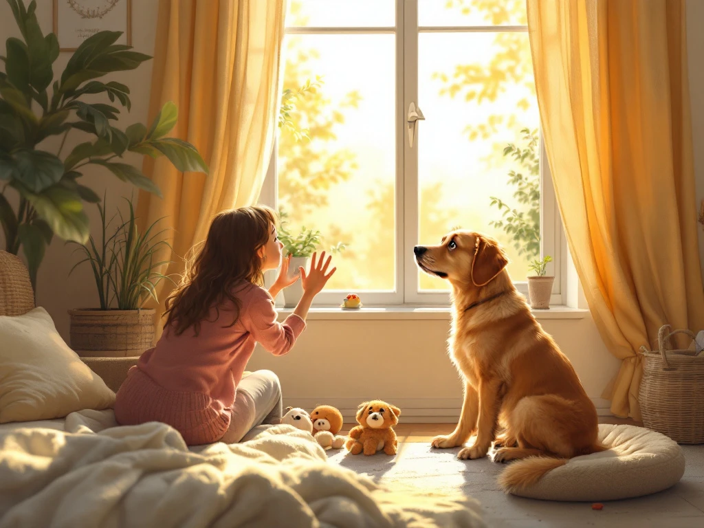 Een hond kijkt verdrietig uit het raam terwijl de eigenaar vertrekt. De warme, zonnige woonkamer toont een liefdevolle omgeving.