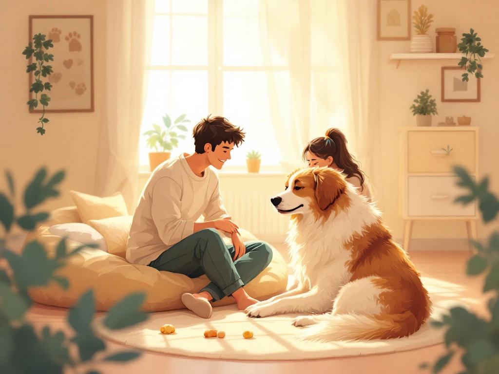 Een hond en eigenaar ontspannen samen in een warme kamer, met zacht licht en speelgoed, wat een gevoel van rust en verbondenheid uitstraalt.