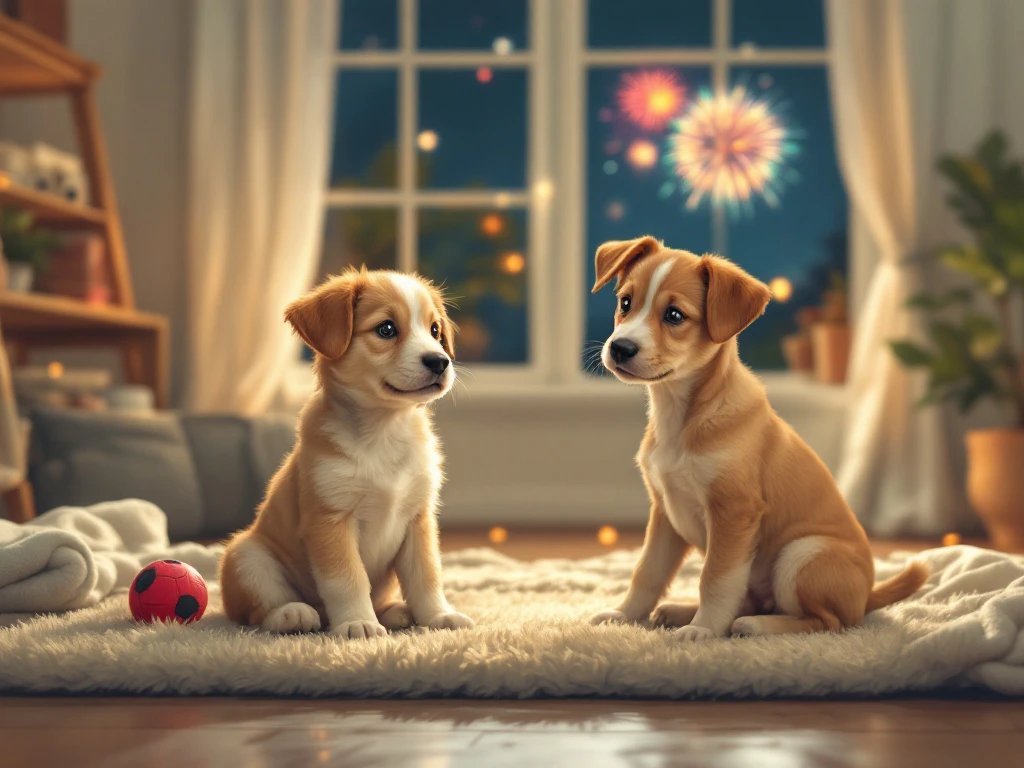 Illustratie van een ontspannen puppy op een tapijt in een warme woonkamer, met zachte verlichting en vuurwerk vaag zichtbaar buiten.