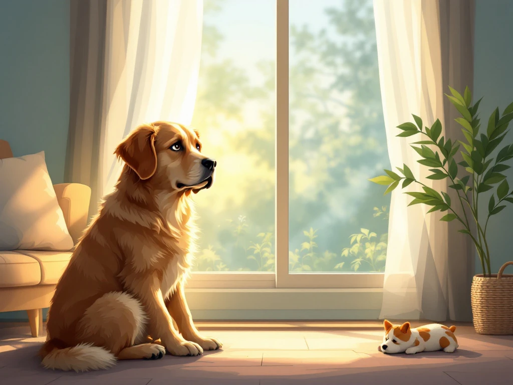 Een bezorgde golden retriever zit bij een raam in een knusse woonkamer, omgeven door zacht licht en rustgevende aardetinten.
