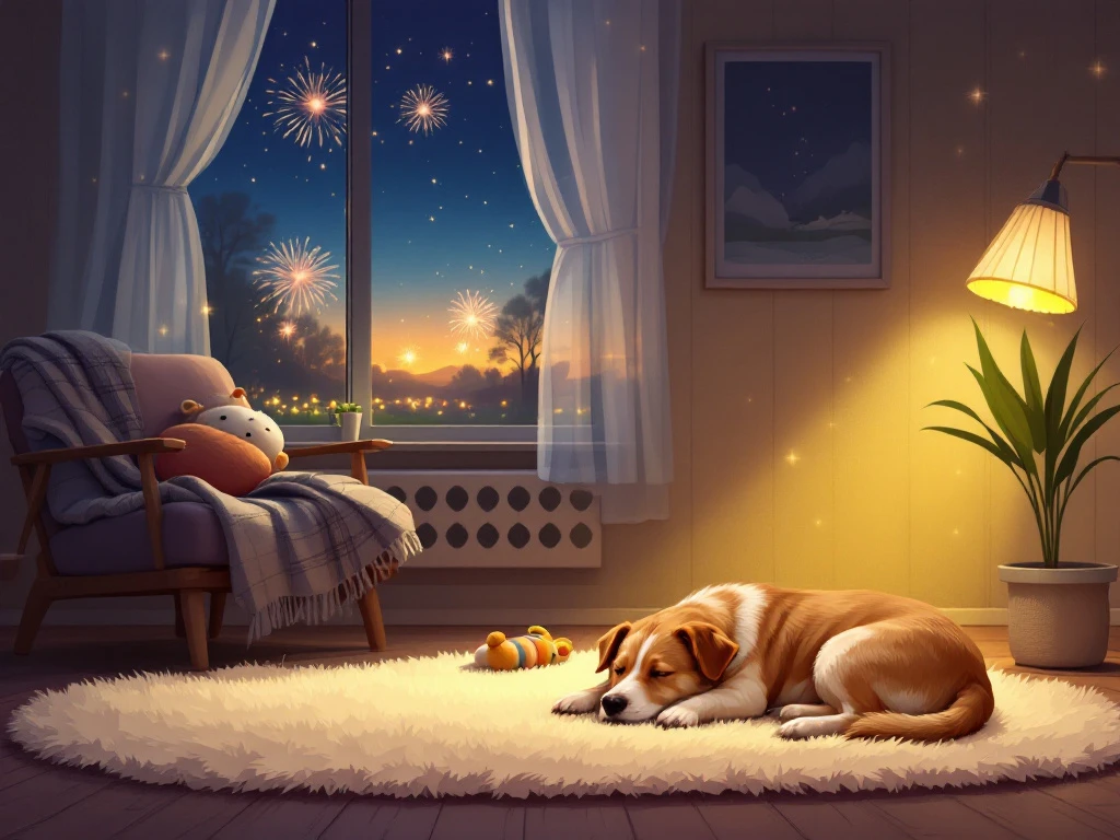 Een rustige woonkamer met een hond op een tapijt, sfeervol verlicht. Vuurwerk buiten, serene sfeer binnen. Perfect voor hondontspanning.